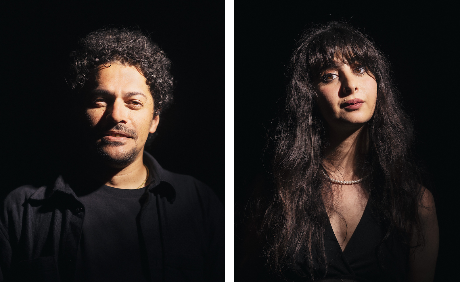 Two portraits: one of Ibrahim Owais and one of Yara Asmar. The background of both photos is black. A light shines on Ibrahim and Yara from the top right of the photos.